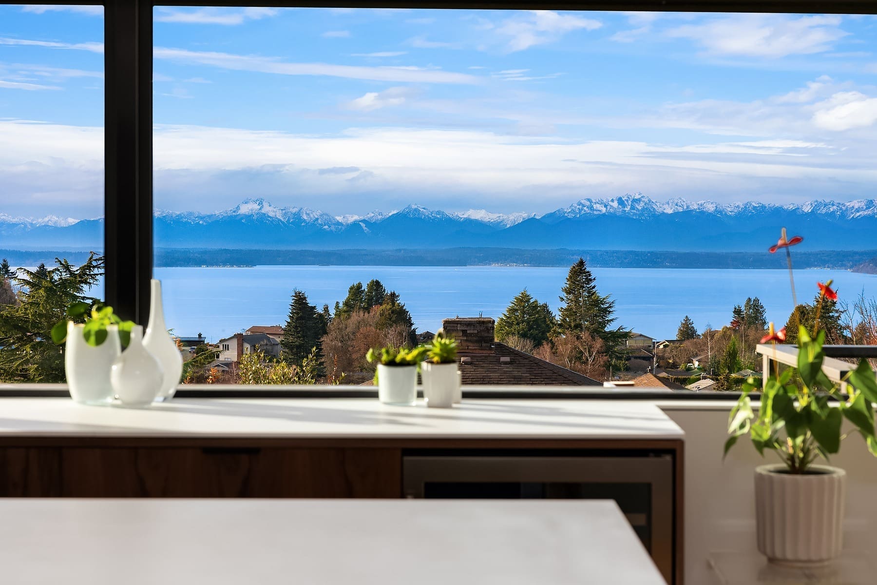 View of a calm sea with distant snow-capped mountains and clear blue sky seen through a wide window. In the foreground, several potted plants are placed on a windowsill and countertop, framing the picturesque landscape outside.