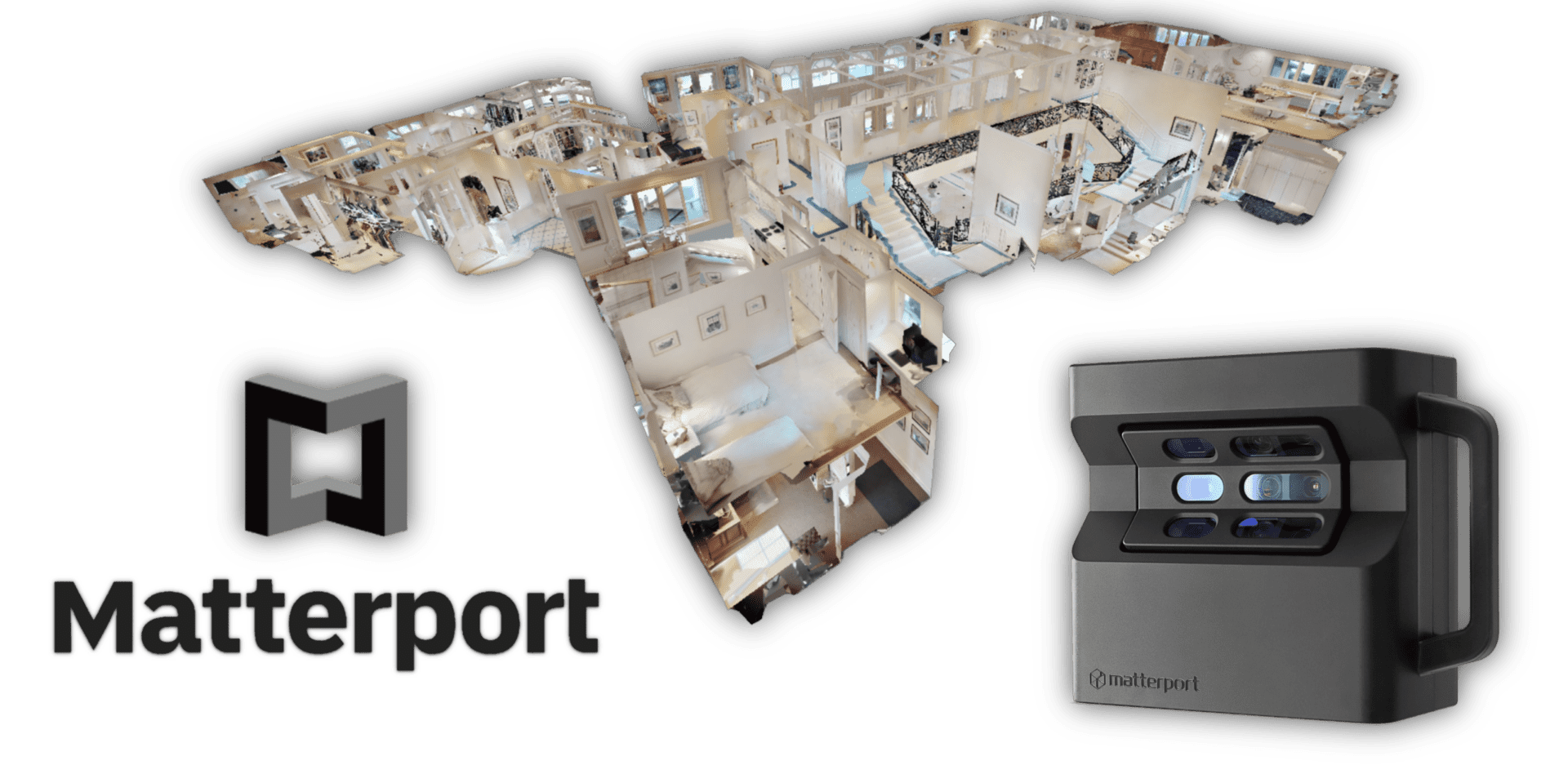 A 3D digital replica of a building's interior layout is shown, featuring multiple rooms and corridors. The Matterport logo and a Matterport Pro2 3D camera are displayed beside it. The logo consists of a stylized “M” inside a box.