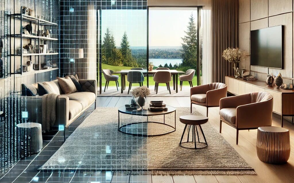 A modern living room seamlessly transitions between digital and physical realms. The digital half features a pixelated design with virtual elements, perfect for virtual staging for Bellevue luxury real estate, while the physical half showcases cozy furniture, a lush rug, and a window revealing a serene outdoor landscape with trees and a lake. real estate virtual staging