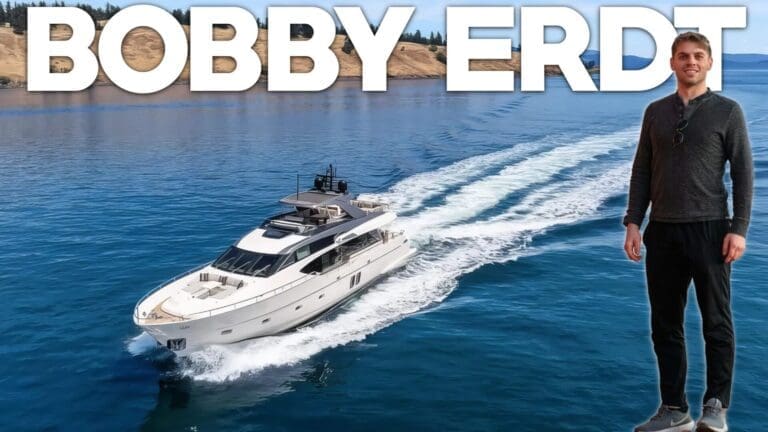 Luxury yacht cruising on tranquil waters, showcasing modern design and elegance in the Pacific Northwest.