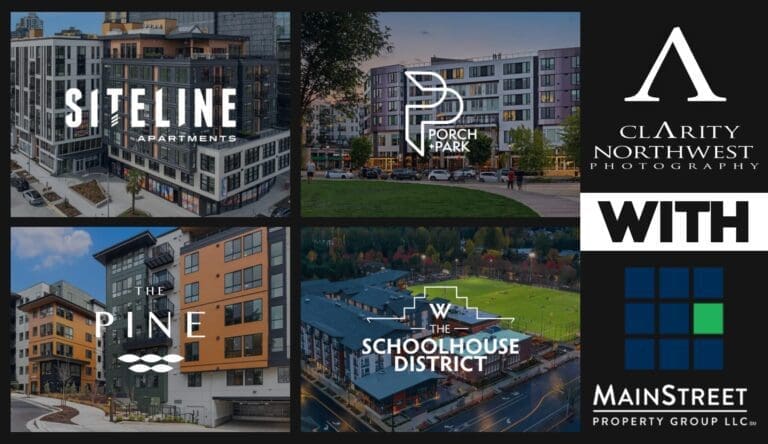 Modern apartment buildings showcasing contemporary architecture and vibrant community spaces in the Pacific Northwest, featuring urban living options like Siteline Apartments and Porch Park.