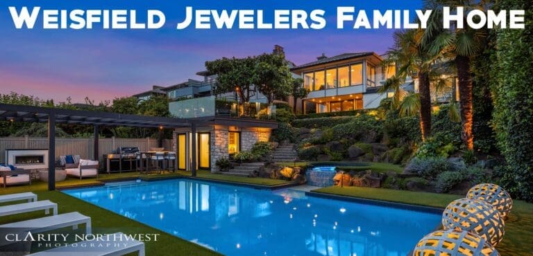 Stunning exterior view of a modern family home in the Pacific Northwest, featuring a luxurious pool, landscaped garden, and outdoor seating area, illuminated at twilight.